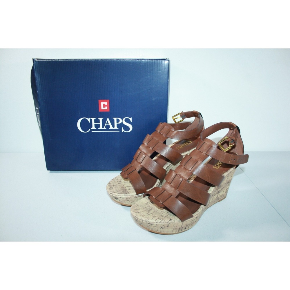Chaps Alessandra Cork Brown Leather Women's Strappy Sandals Wedge Heels Size 9 B